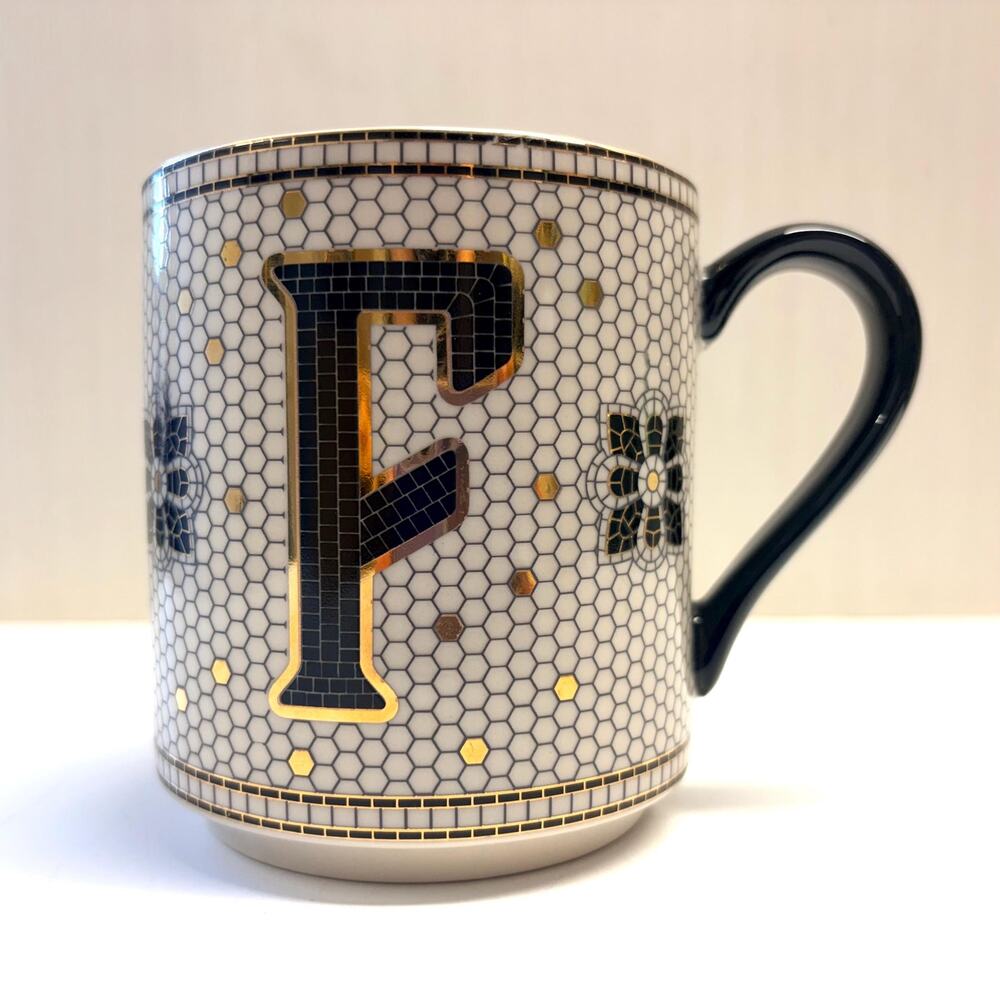 Retired Anthropolgie Coffee Tea Mug F Monogram Letter Inital Bistro Tile